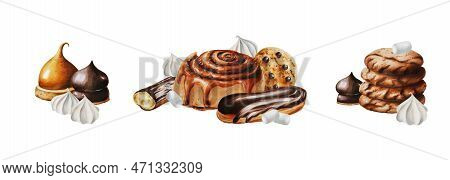Watercolor Set Of Compositions With Cinnamon Bun, Biscuits, Marshmallows In Chocolate, Meringue, Ecl