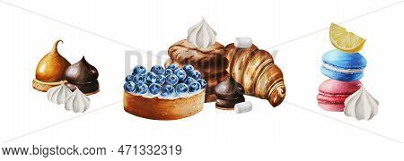 Watercolor Set Of Compositions With Lemon Tart, Biscuits, Marshmallows In Chocolate, Meringue, Blueb