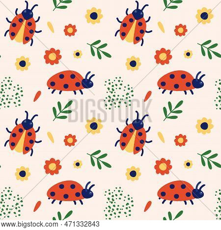 Seamless Pattern With Ladybug, Flowers And Leaves. An Insect Crawls Among Flowering Plants. Vector I