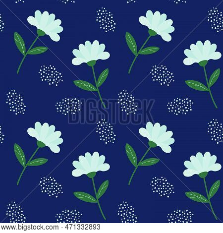 Seamless Pattern With Colors. Stylized White Plants On A Dark Blue Background With Dots. Vector Illu
