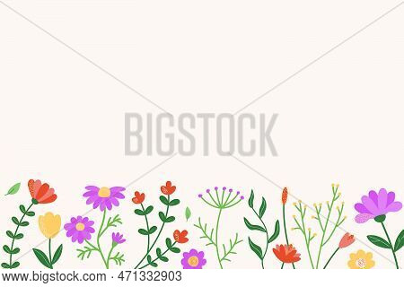 Background Of Flowers, Twigs And Leaves Placed At The Bottom. Space For Text. Vector Illustration Of