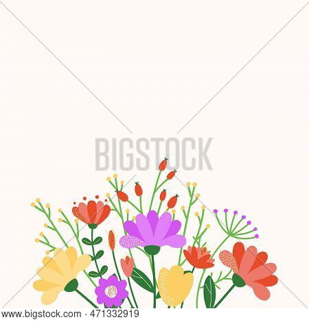 Background Of Flowers, Twigs And Leaves Placed At The Bottom. Space For Text. Vector Illustration Of