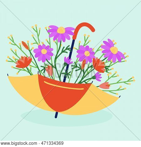Composition Of A Bouquet In An Umbrella. Vector Illustration Of Stylized Flowering Plants In Cartoon