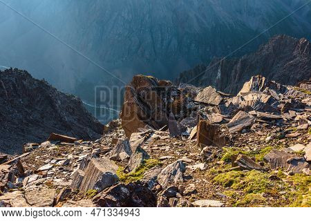 Sunny Mountain View From Cliff At Very High Altitude. Scenic Alpine Landscape With Beautiful Sharp R