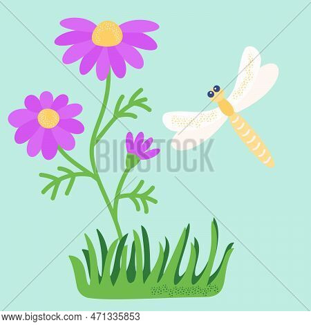 Flower, Grass, Dragonfly. Vector Illustration Of Stylized Plants And Insects In Cartoon Style. Isola