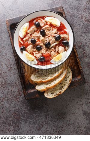Murcian Salad La Ensalada Murciana With Tomato, Canned Tuna, Black Olive, Egg And Onion Closeup On T
