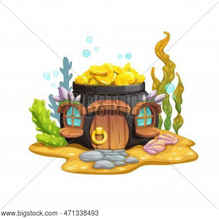 Cartoon Underwater Golden Pot Fairy House. Vector Creative Fantasy Dwelling, Mermaid Or Fish Home In