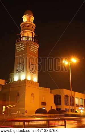 Stunning Minaret Of The Yateem Mosque At Night, Downtown Manama, Bahrain, 15th Oct 2019