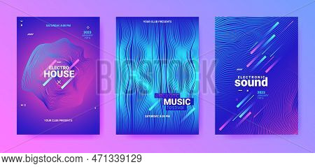 Dance Posters Set. Electronic Sound Flyer. Techno Music Cover. Vector 3d Background. Abstract Dance 