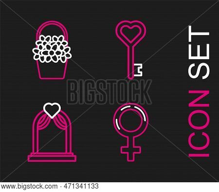 Set Line Female Gender Symbol, Wedding Arch, Key Heart Shape And Flowers Basket Icon. Vector