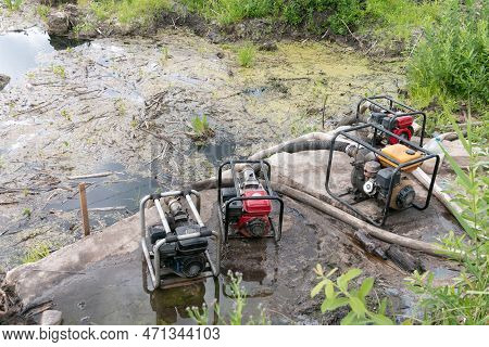 Drainage Of A Reservoir, Swamp, Lake With The Help Of High Pressure Water Pumps. Water Pumps Pump Wa