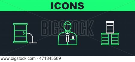 Set Line Barrel Oil, Leak And Businessman Or Stock Market Trader Icon. Vector