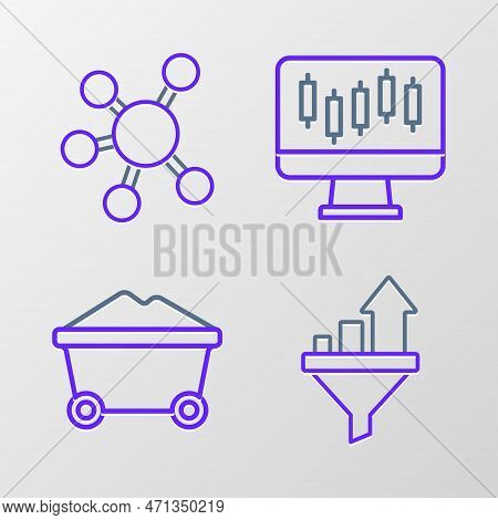 Set Line Sales Funnel With Chart, Coal Mine Trolley, Stocks Market Growth Graphs And Project Team Ba