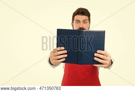 Surprised Man Husband Learn Cooking. Culinary School. Menu Planning. Shocked Chef In Apron Dont Know