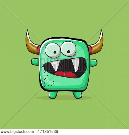 Vector Cartoon Funny Green Monster With Horn Isolated On Green Background. Smiling Silly Green Monst