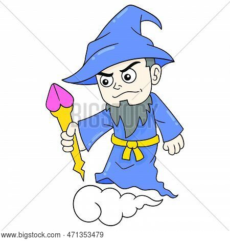 Old Witch With Long Beard Flies Holding Magic Wand, Vector Illustration Art. Doodle Icon Image Kawai