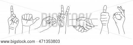 Different Hand Gestures Set Line Art Drawing.