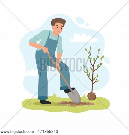 Man Digging Up Ground With Shovel To Plant A Tree. Male Working In Garden. Cute Vector Illustartion 