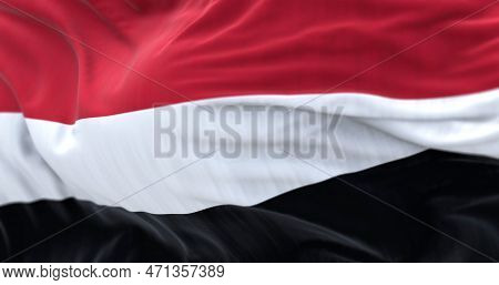 Close-up View Of The Yemen National Flag Waving. Striped Flag, Red, White, And Black. 3d Illustratio
