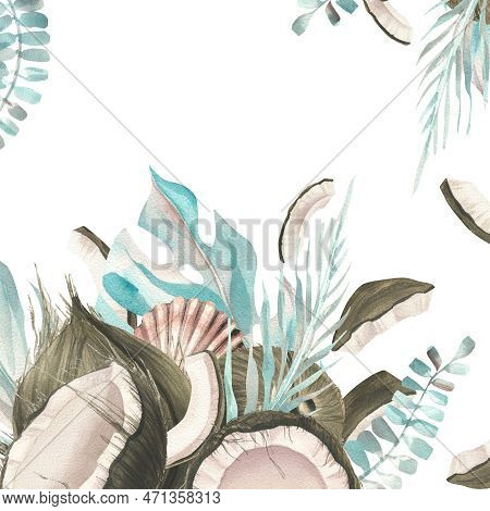 Whole Coconuts And Slices With Tropical Palm Leaves And Seashells. Watercolor Illustration. Template
