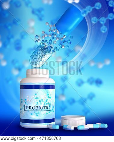 Medical Background In Blue Tone, Pharmaceuticals For Digestion, Plastic Container Jar With Lid, Prob