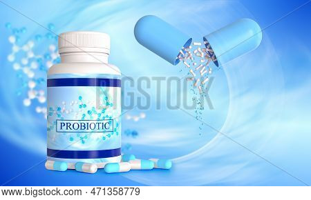 Medical Background In Blue Tone, Pharmaceuticals For Digestion, Plastic Container Jar With Lid, Prob