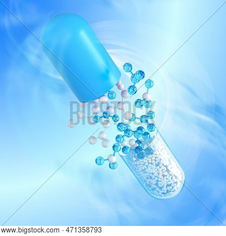 Medical Background In Blue Tone, Pharmaceuticals For Digestion, Plastic Container Capsule In Levitat