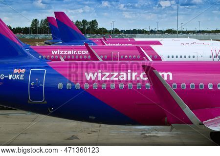 Luton, Uk - July 12, 2019: Wizz Air Airbus A320 Fleet At London Luton Airport In The Uk. It Is Uk's 