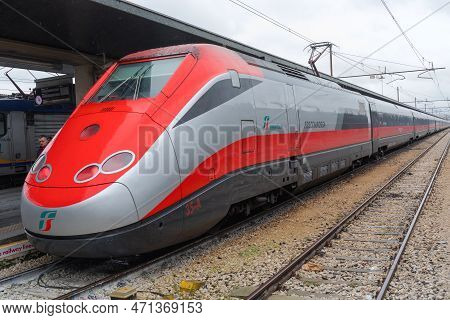 Vence, Italy - February 3, 2018: High Speed Locomotive Train Frecciarossa Red Devil At Train Station