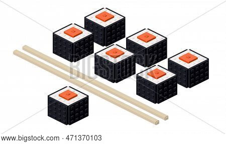 Set Of Tekka Maki Sushi Along With Bamboo Sticks In Isometric. Vector Clipart