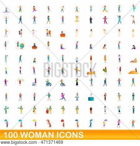 100 Woman Icons Set. Cartoon Illustration Of 100 Woman Icons Set Isolated On White Background