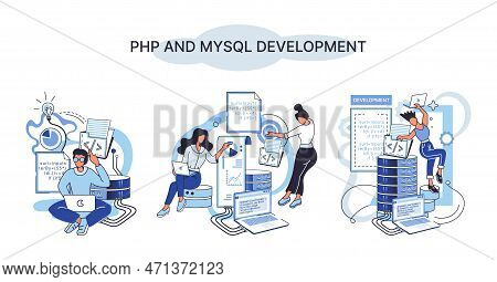 Php And Mysql Development Metaphor. Software Website Developer With Computer, Programmer Service, Op