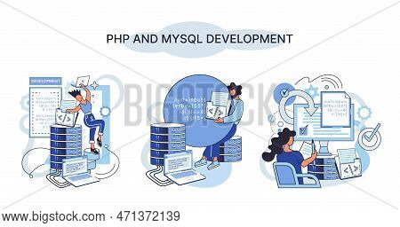 Php And Mysql Development Metaphor. Software Website Developer With Computer, Programmer Service, Op