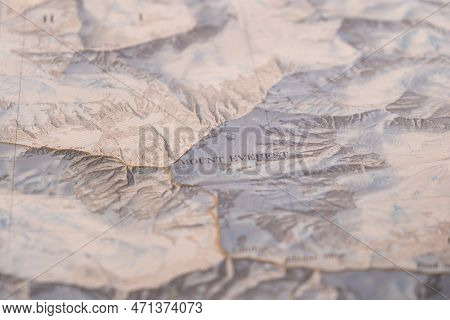 Close Up Of Vintage Map, Detail Of Mt. Everest Topographical Map Showing Contour Lines, Elevation, S