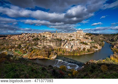 Toledo, Spain - Nov 30, 2022: Old City With Its Alcazar, Royal Palace Over The Tagus River Sinuosity