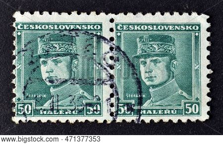 Cancelled Postage Stamp Printed By Czechoslovakia, That Shows Portrait Of General Milan Rastislav St