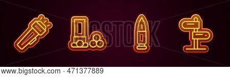 Set Line Flashlight, Cartridges, Bullet And Road Traffic Sign. Glowing Neon Icon. Vector
