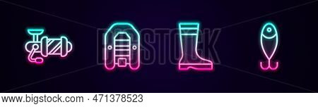 Set Line Spinning Reel For Fishing, Inflatable Boat With Motor, Fishing Boots And Lure. Glowing Neon
