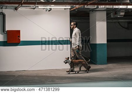 A Busy Man Dressed Smart Casual Is Searching For His Car In The Underground Garage With His Dog. The