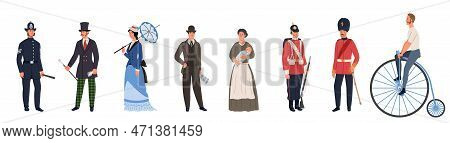 British Retro People Set. Different Professions In England. Men And Women In Clothes In Old Style. C