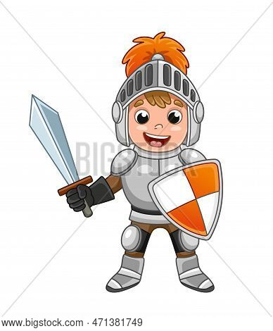 Cute Knight Boy. Charming Schoolboy With Sword And Shield In His Hand Stands And Smiles. Small Warri