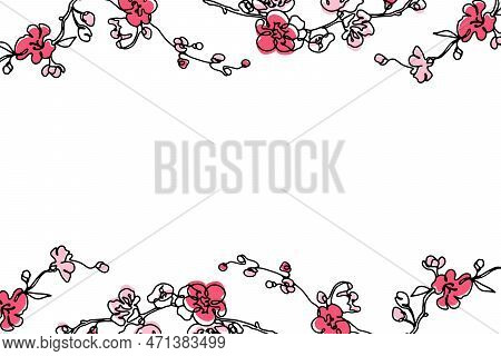 Hand Drawn Spring Floral Abstract Background Design With Modern Sakura Blooming Flower Line Art. Vec