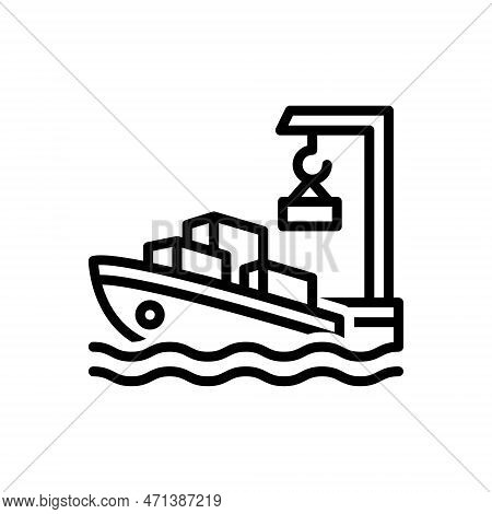 Black Line Icon For Harbour Port Boatyard Ship Cargo Coast Crane Transport Mooring Anchorage Waterfr