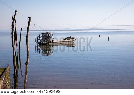 Boat Oysters In Bay Arcachon Basin Coast Oyster Farm Village