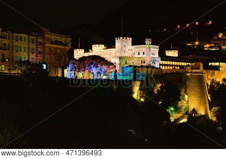 Scenic Nightlight Landscape Of Beautiful Illuminated Castle In Monaco. Prince's Palace Of Monaco Is 
