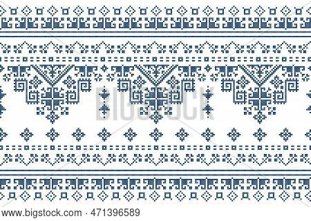 Zmijanjski Vez Embroidery Style Vector Long Horizontal Seamless Pattern - Textile Or Fabric Print Is