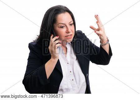 Model As Adult Entrepreneur Woman Wearing Smart-casual Suit With Angry Mad Expression Making Phoneca