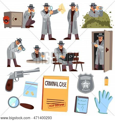 Detective And Spy Agent. Investigator Character. Secret Crime Look. Photograph Search And Evidence F