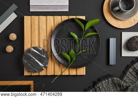 Stylish Flat Lay Comosition Of Creative Architect Moodboard With Black, Beige And Grey Samples Of Te