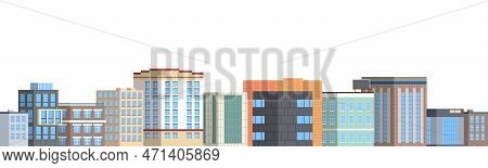 Various Buildings In A Row. Set Of Houses Isolated On White Background. Flat Style Illustration.